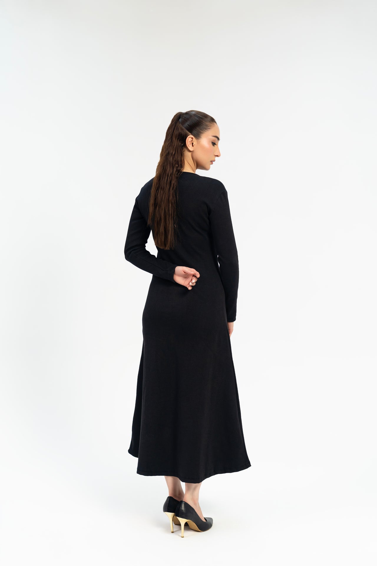 V Neck Ribbed Knit Flared Dress - Black