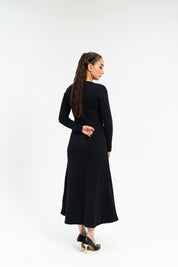 V Neck Ribbed Knit Flared Dress - Black