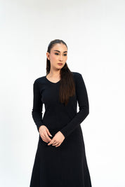 V Neck Ribbed Knit Flared Dress - Black