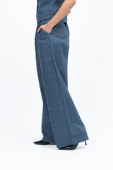 Wide Leg Pleated Pant - Blue Grid Check