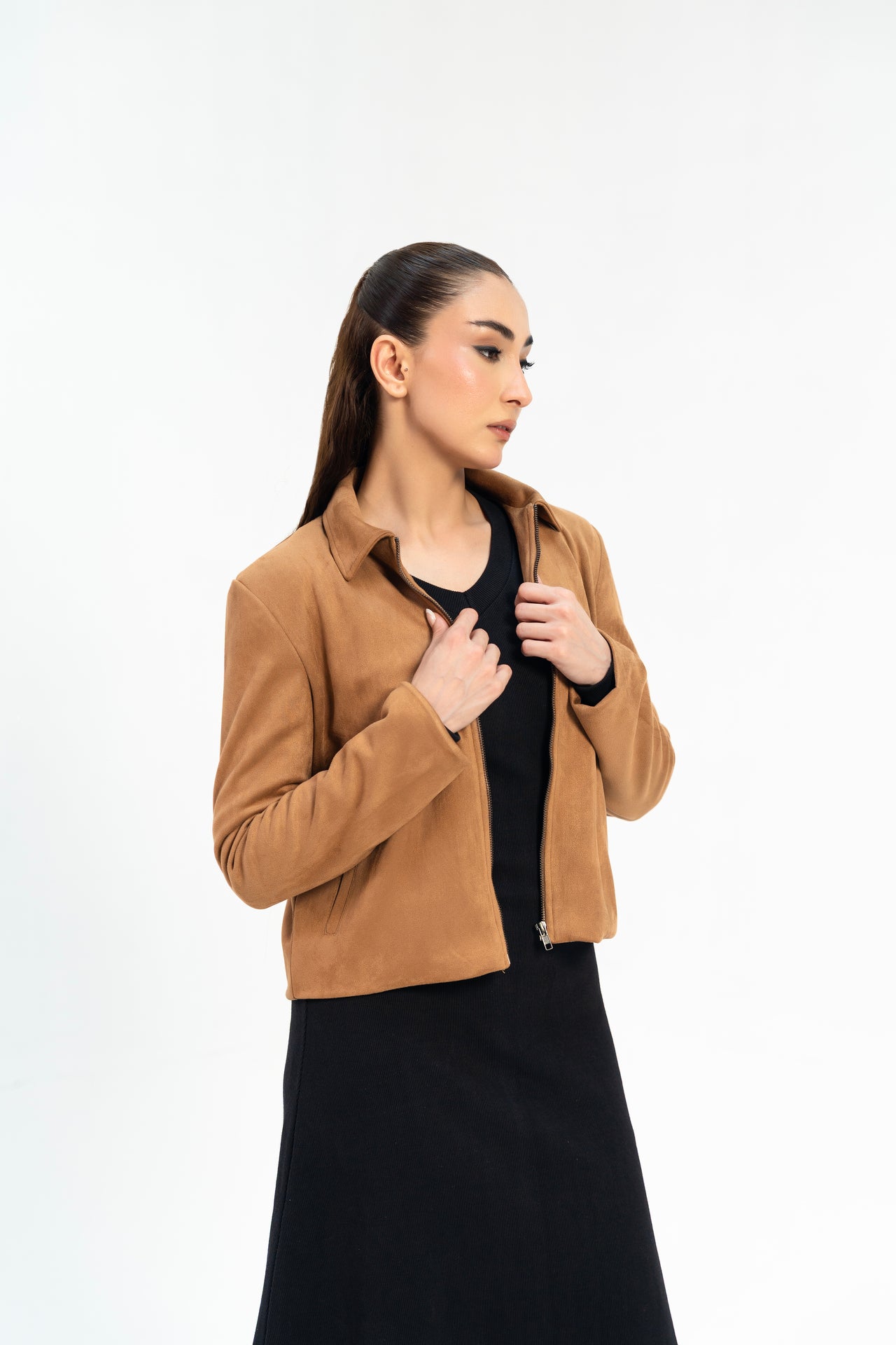 Suede Jacket with Zip - Camel