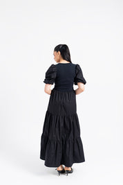 V Neck Ribbed Tiered Maxi Dress - Black