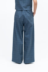 Wide Leg Pleated Pant - Blue Grid Check