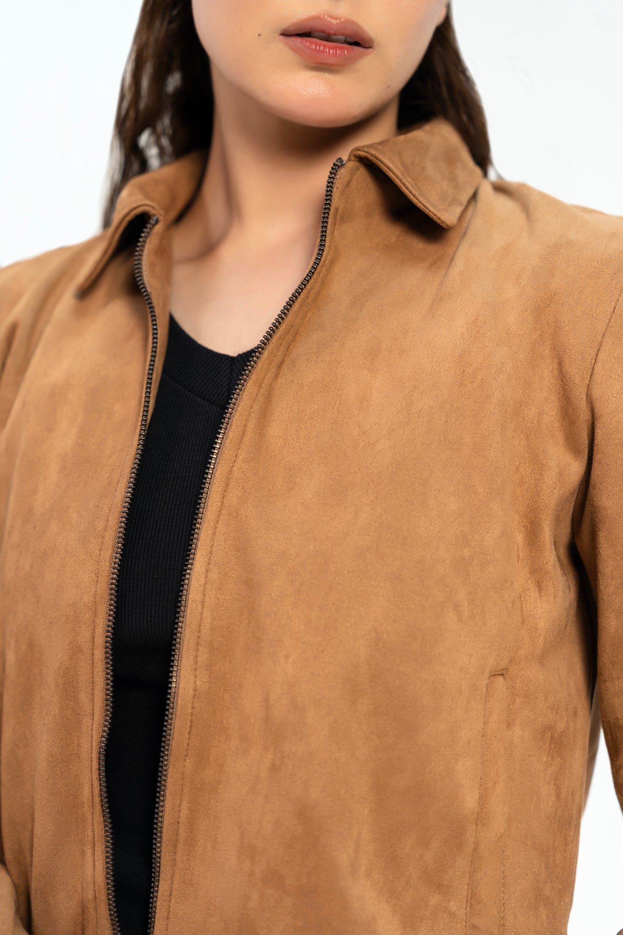 Suede Jacket with Zip - Camel
