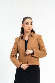 Suede Jacket with Zip - Camel