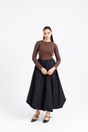 Full Sleeve Ribbed Bubble Hem Dress - Brown & Black