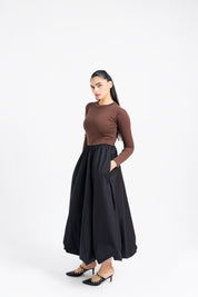 Full Sleeve Ribbed Bubble Hem Dress - Brown & Black