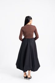 Full Sleeve Ribbed Bubble Hem Dress - Brown & Black