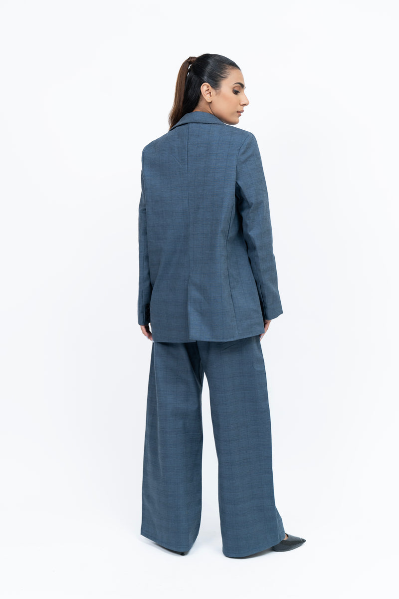 Double Breasted Loose Fit Blazer - Blue Grid Check