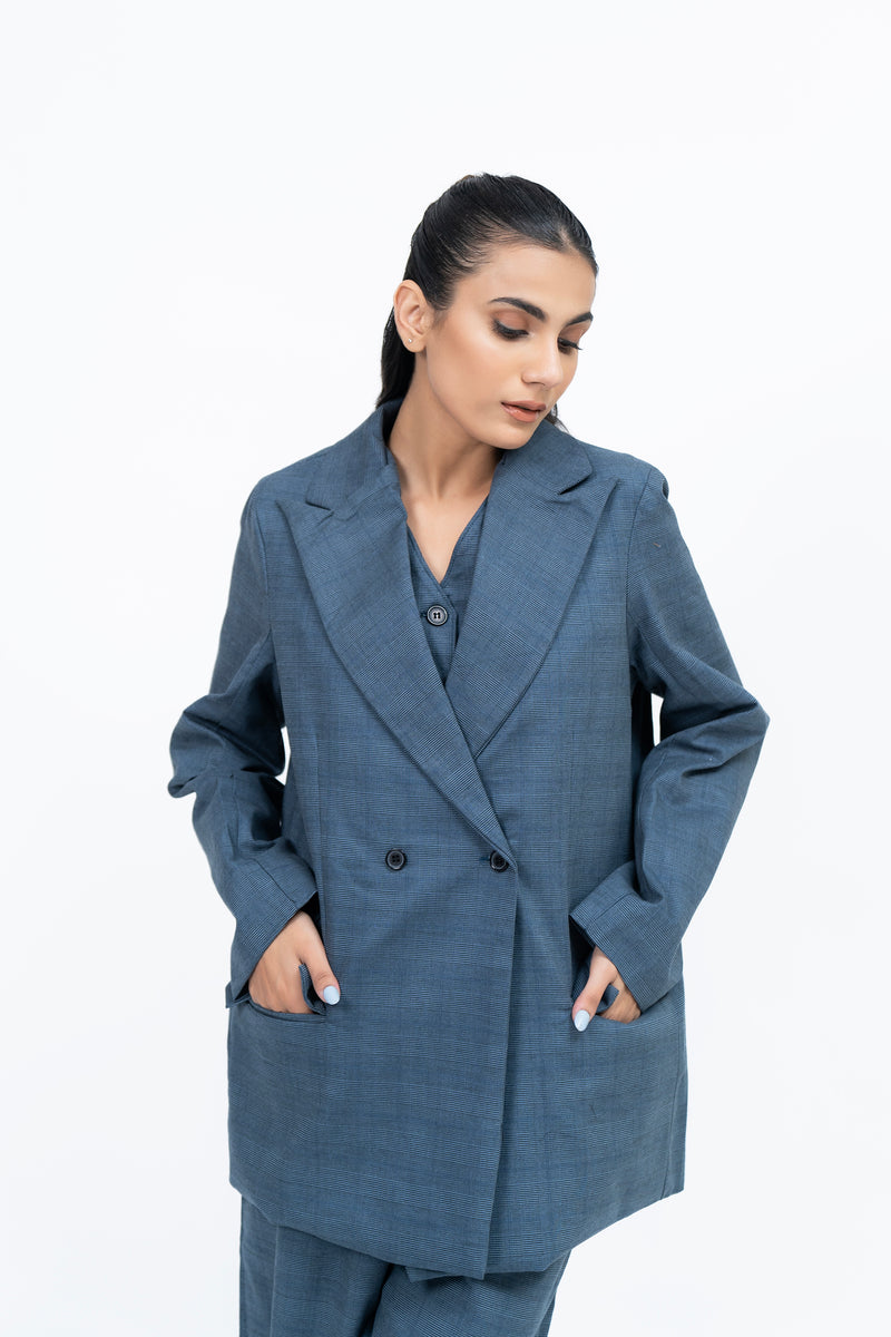 Double Breasted Loose Fit Blazer - Blue Grid Check