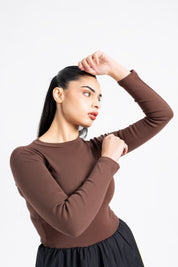 Full Sleeve Ribbed Bubble Hem Dress - Brown & Black