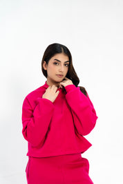 Cropped Mock Neck Pullover - Fuchsia Pink