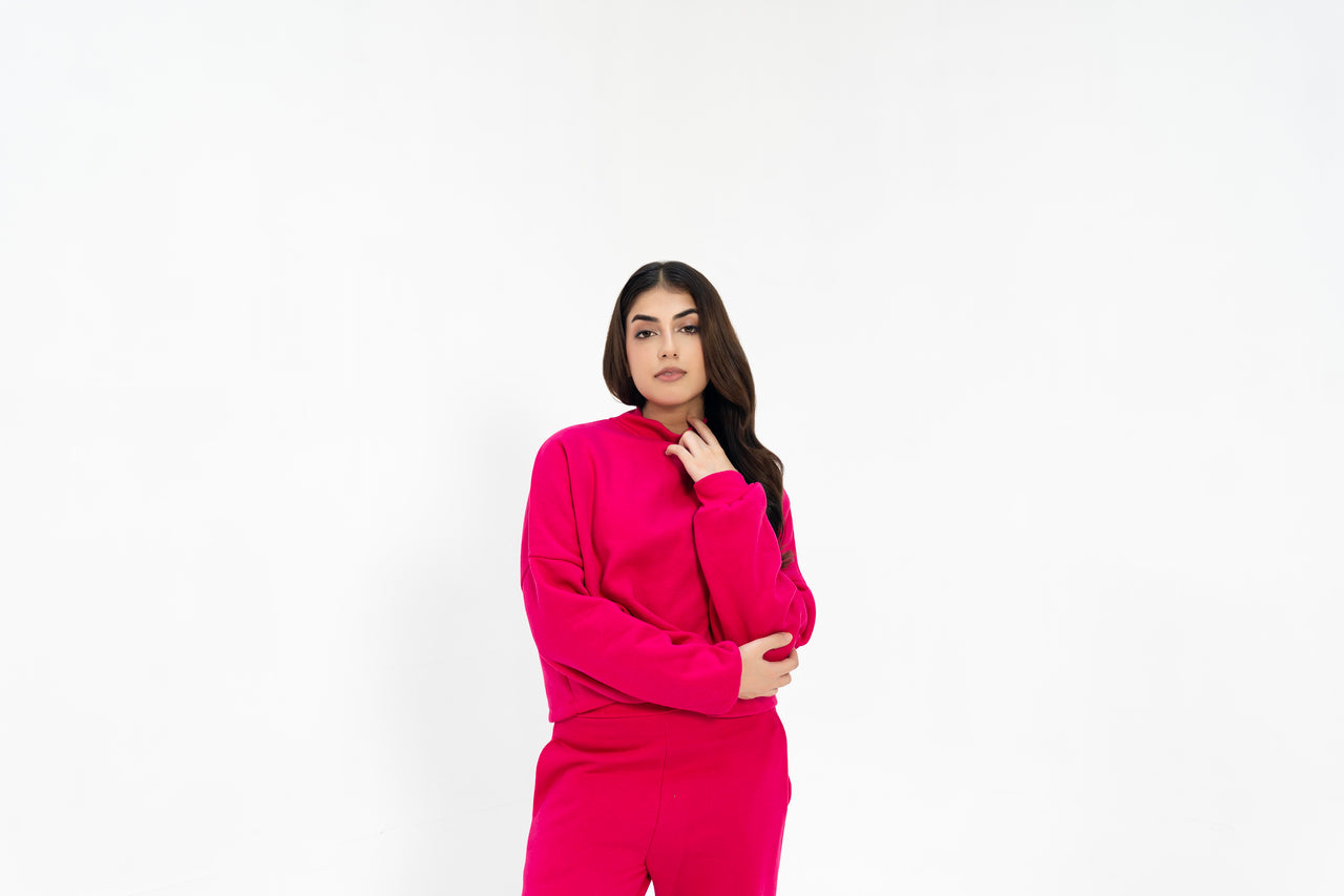 Cropped Mock Neck Pullover - Fuchsia Pink