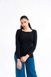 Square Cut Ribbed Top - Black