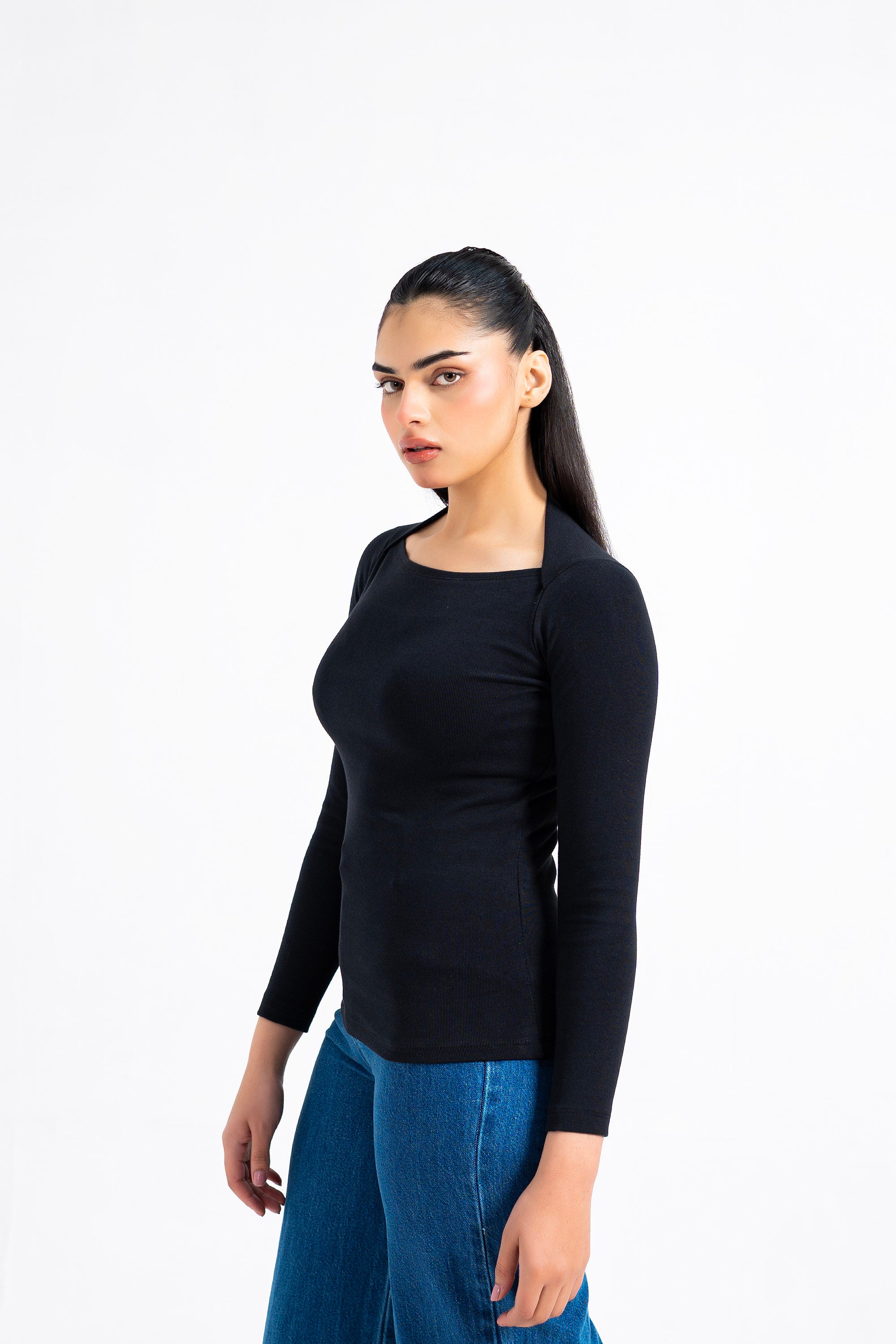 Square Cut Ribbed Top - Black