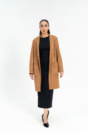Long Coat with Patch Pockets - Camel (faux suede)