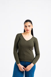 V Neck Ribbed Top - Green