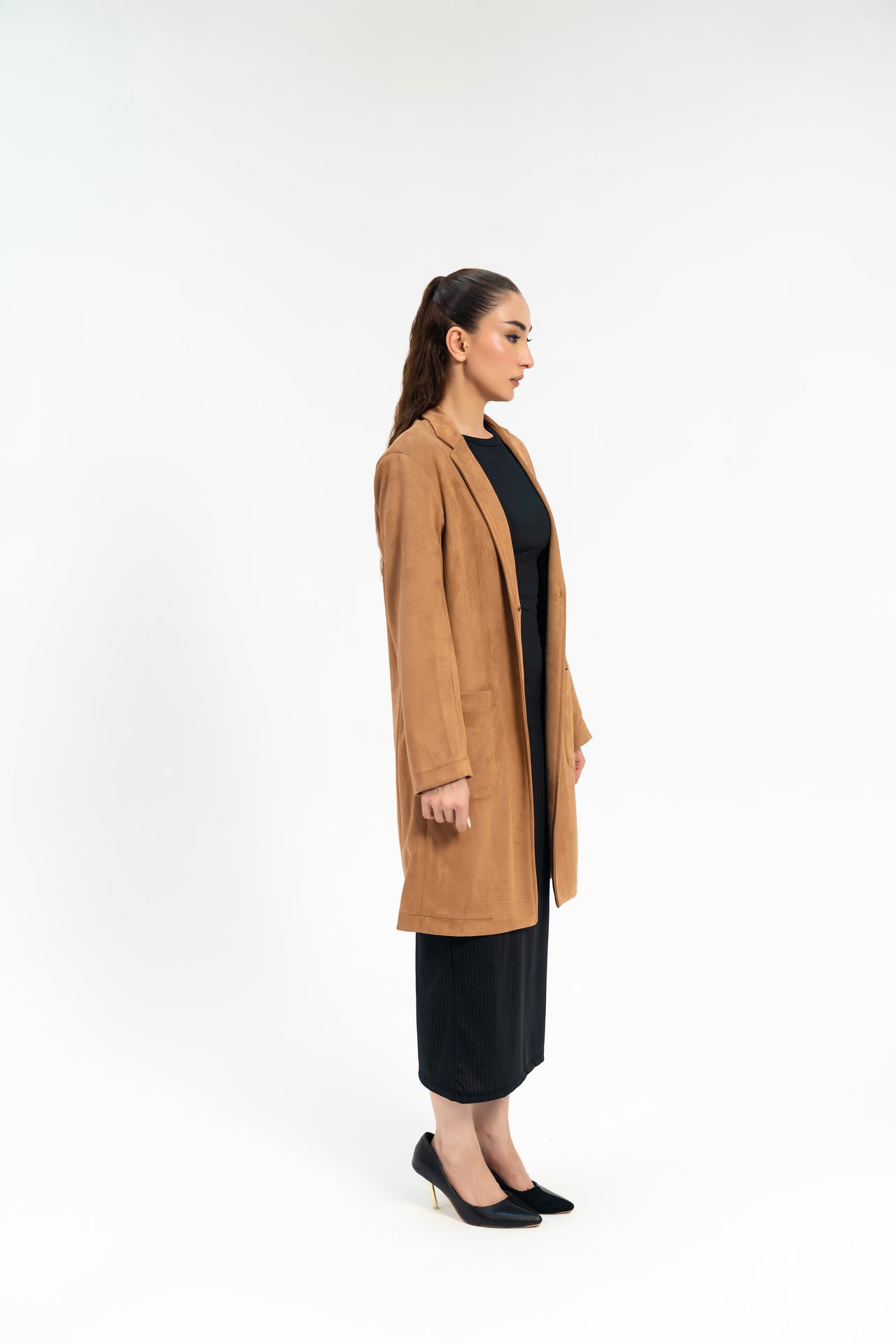 Long Coat with Patch Pockets - Camel (faux suede)