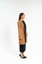 Long Coat with Patch Pockets - Camel (faux suede)