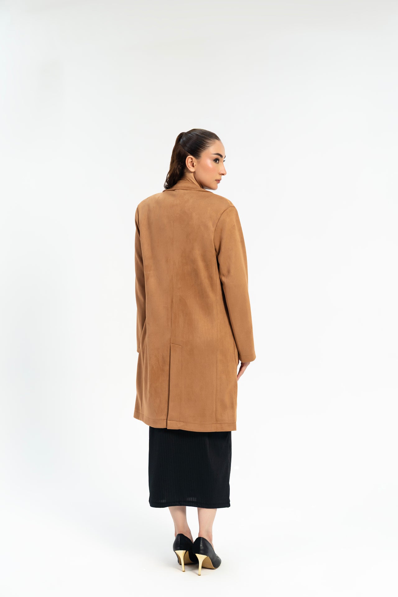 Long Coat with Patch Pockets - Camel (faux suede)
