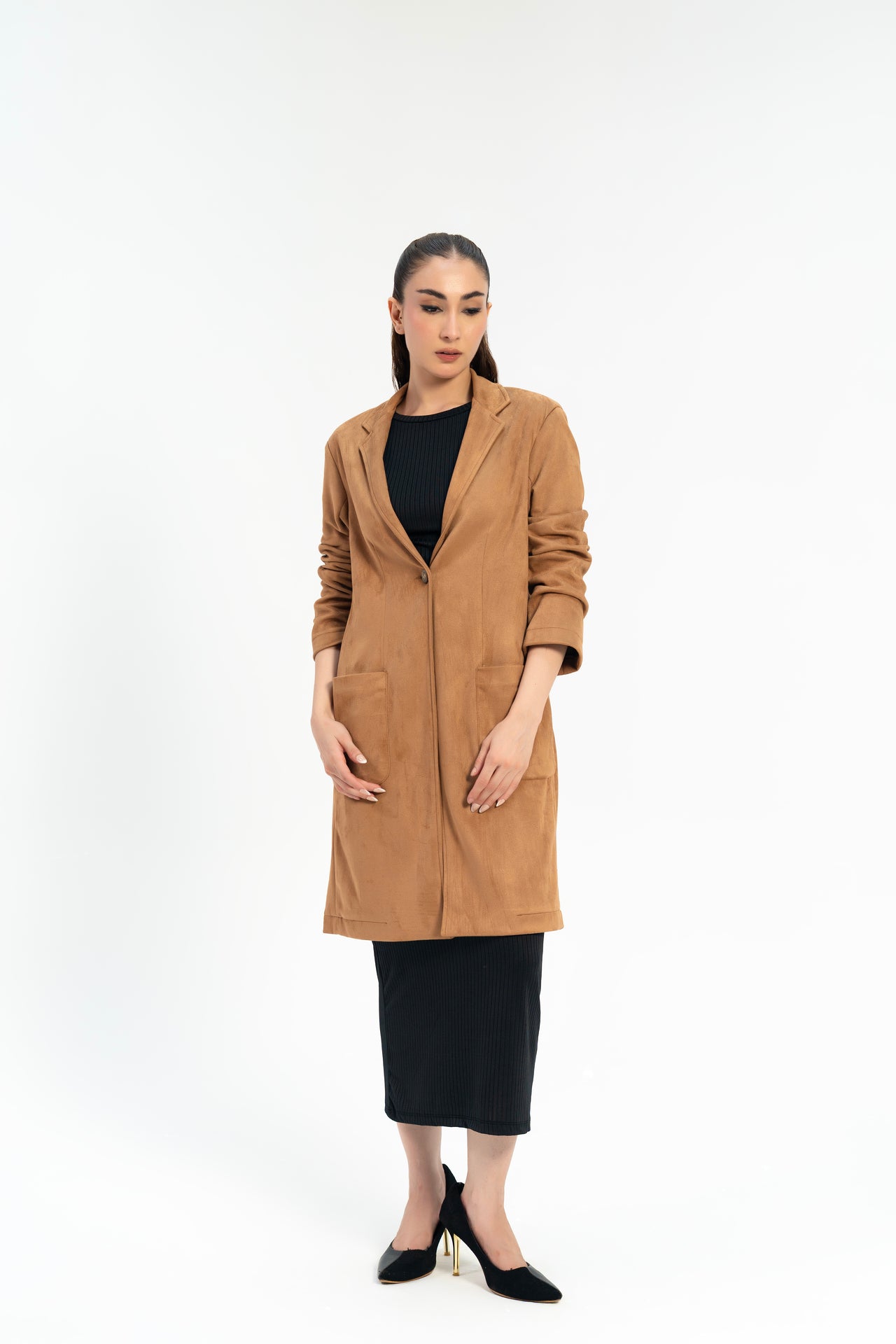 Long Coat with Patch Pockets - Camel (faux suede)