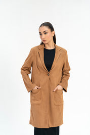 Long Coat with Patch Pockets - Camel (faux suede)