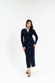 V Neck Bodycon Dress with Golden Button - Navy Blue