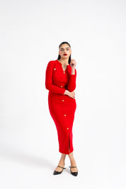 V Neck Knit Dress with Golden Button - Red