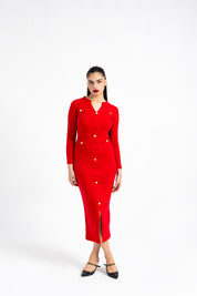 V Neck Knit Dress with Golden Button - Red