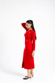 V Neck Knit Dress with Golden Button - Red