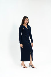 V Neck Bodycon Dress with Golden Button - Navy Blue