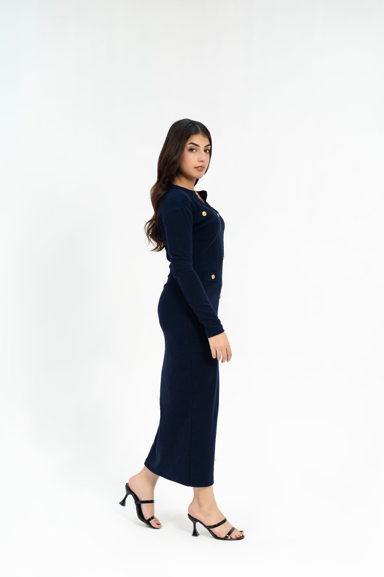 V Neck Bodycon Dress with Golden Button - Navy Blue