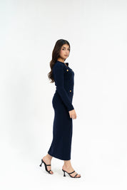 V Neck Bodycon Dress with Golden Button - Navy Blue