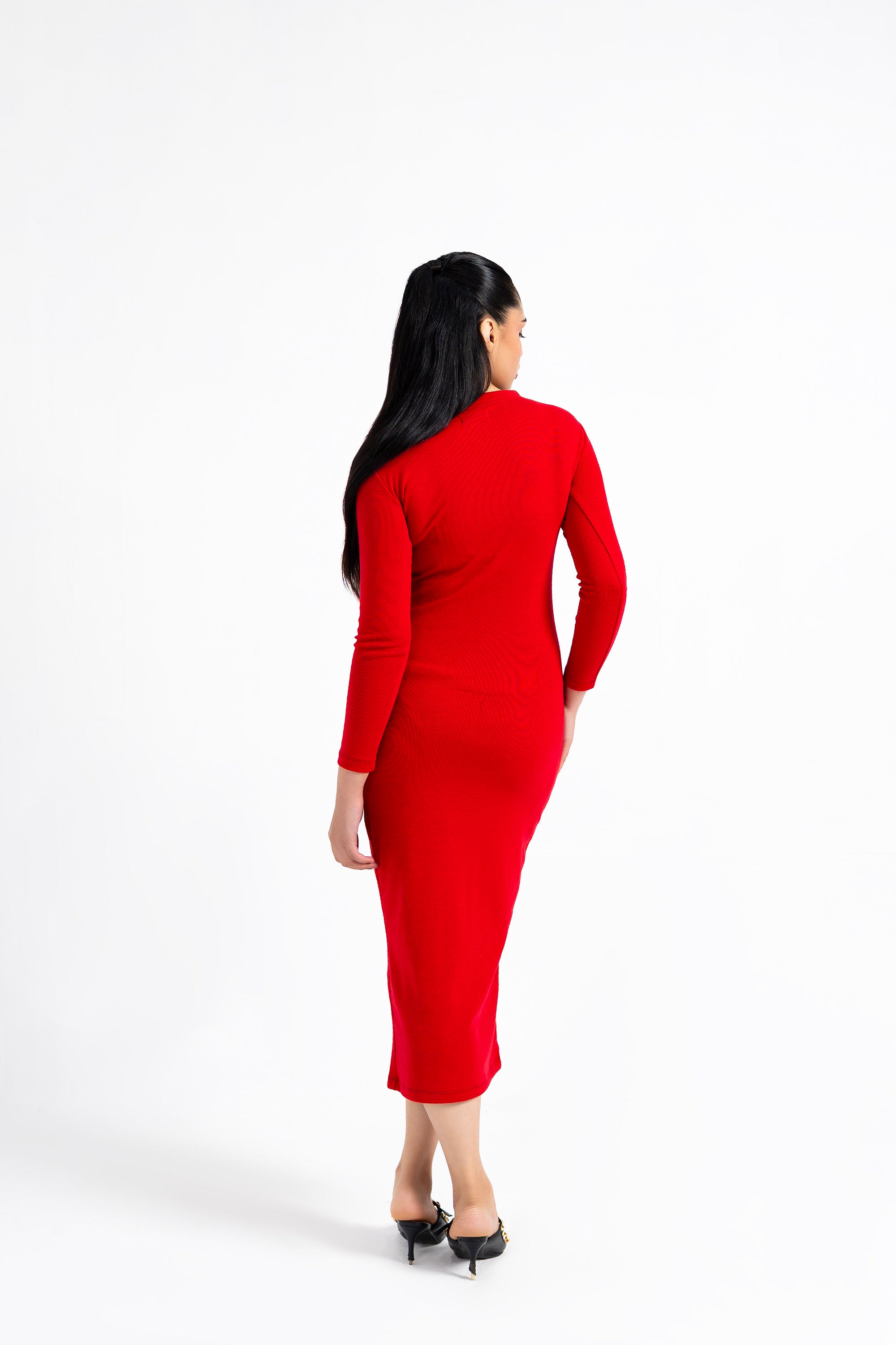 V Neck Knit Dress with Golden Button - Red