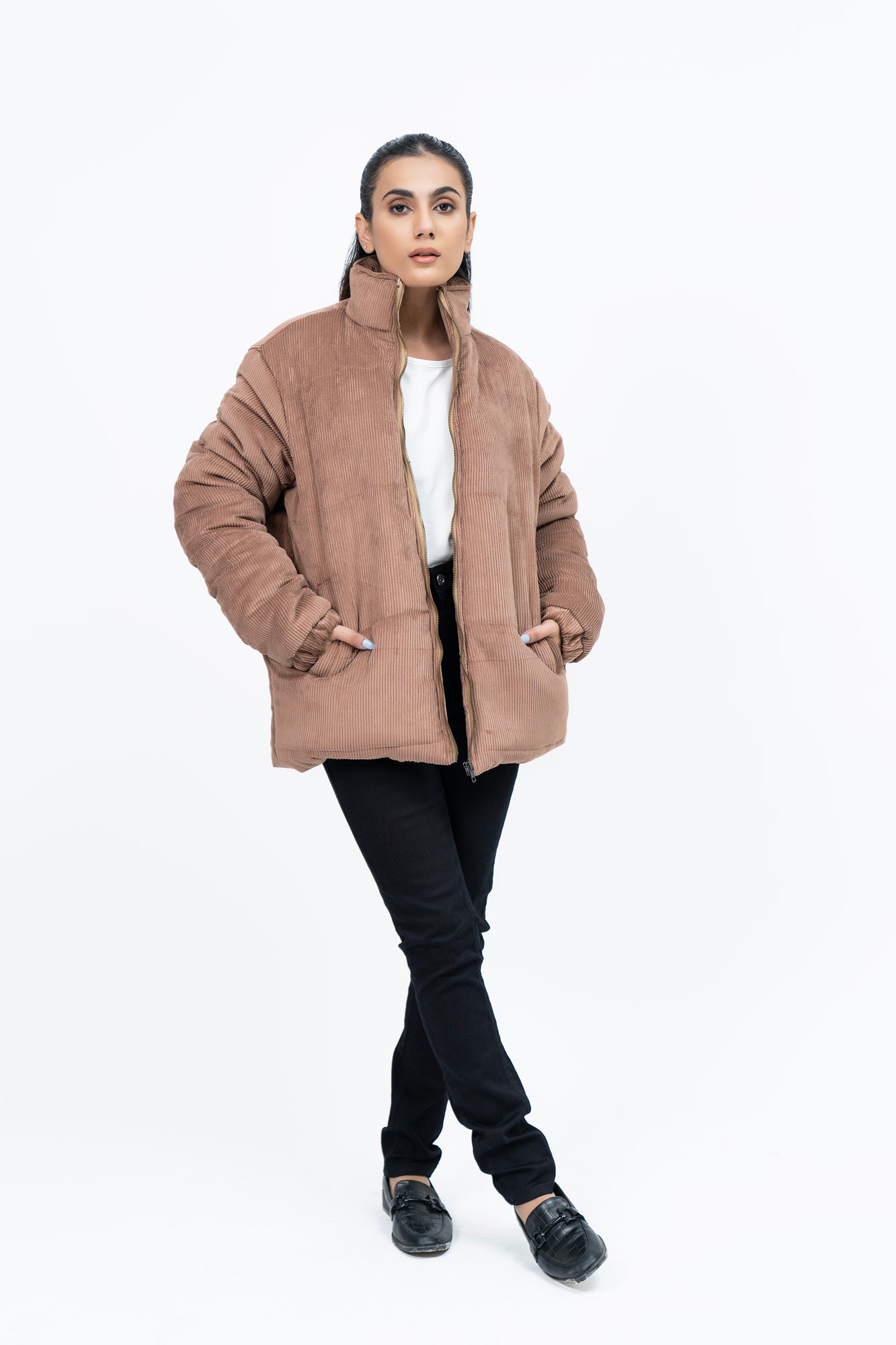 Oversized Corduroy Puffer Jacket - Light Brown