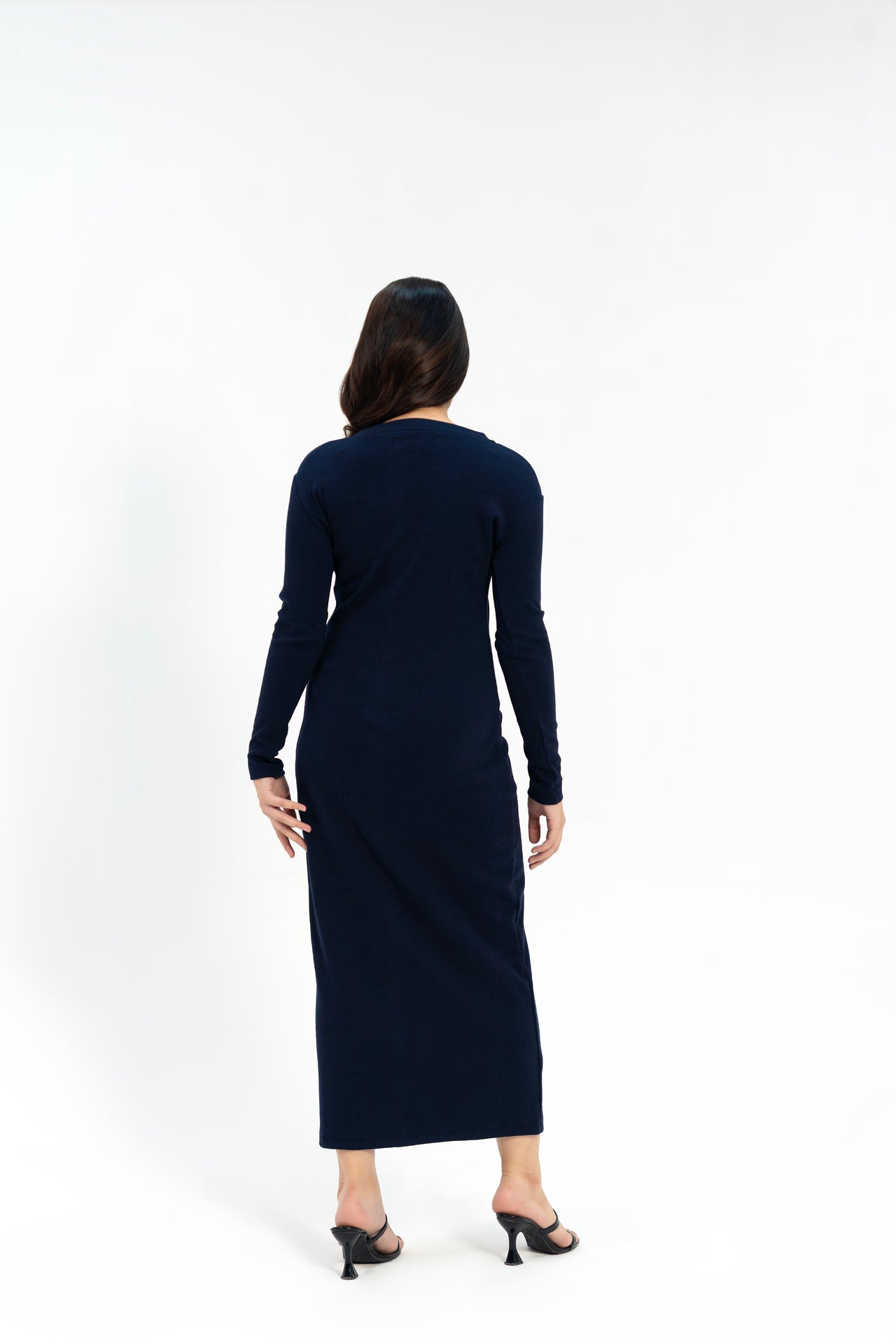 V Neck Bodycon Dress with Golden Button - Navy Blue