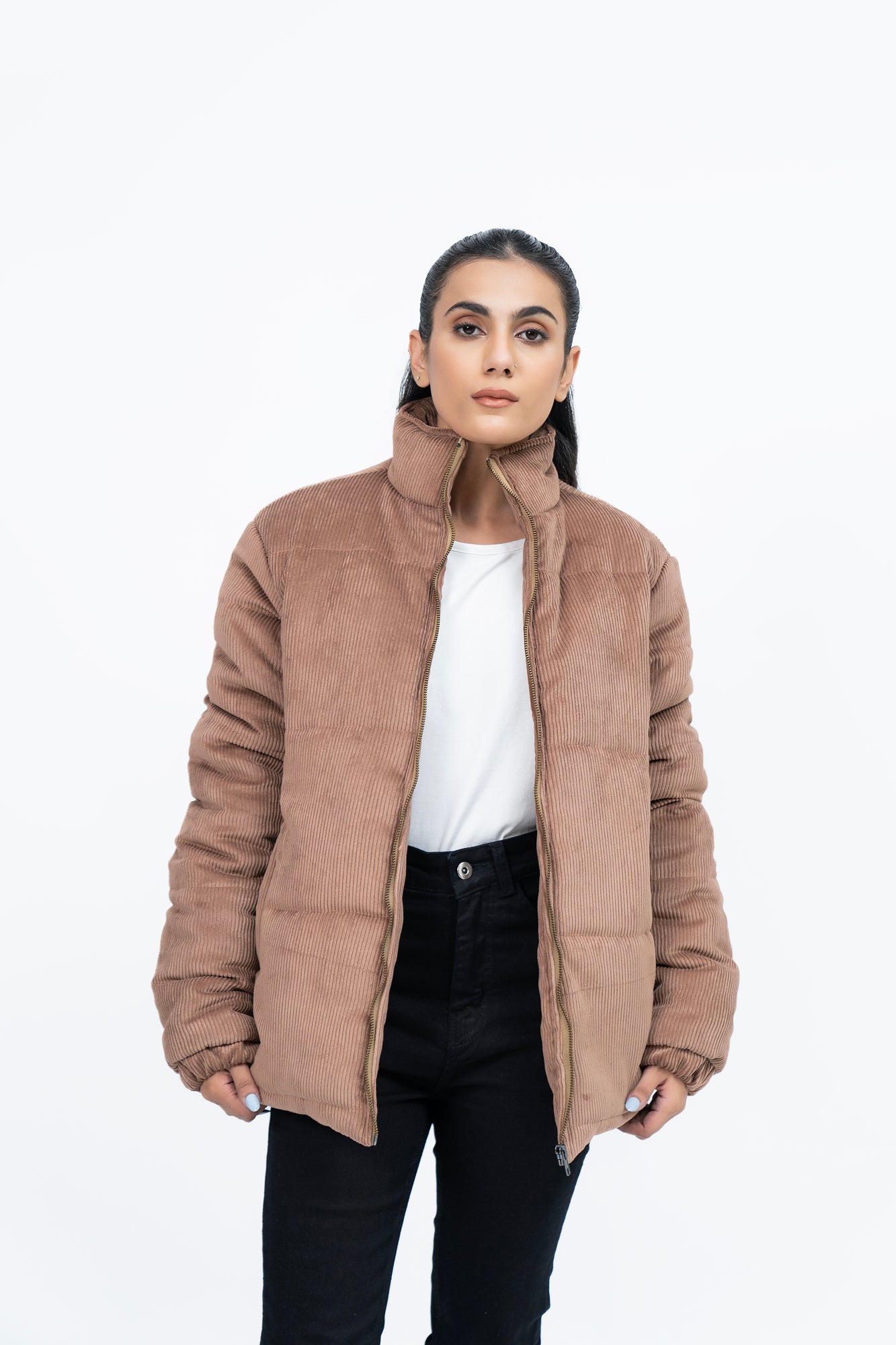 Oversized Corduroy Puffer Jacket - Light Brown
