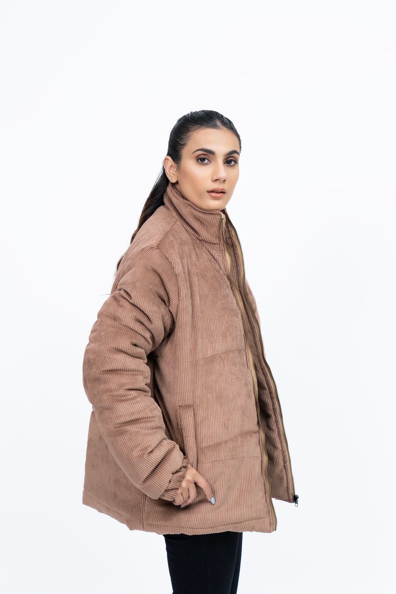 Oversized Corduroy Puffer Jacket - Light Brown