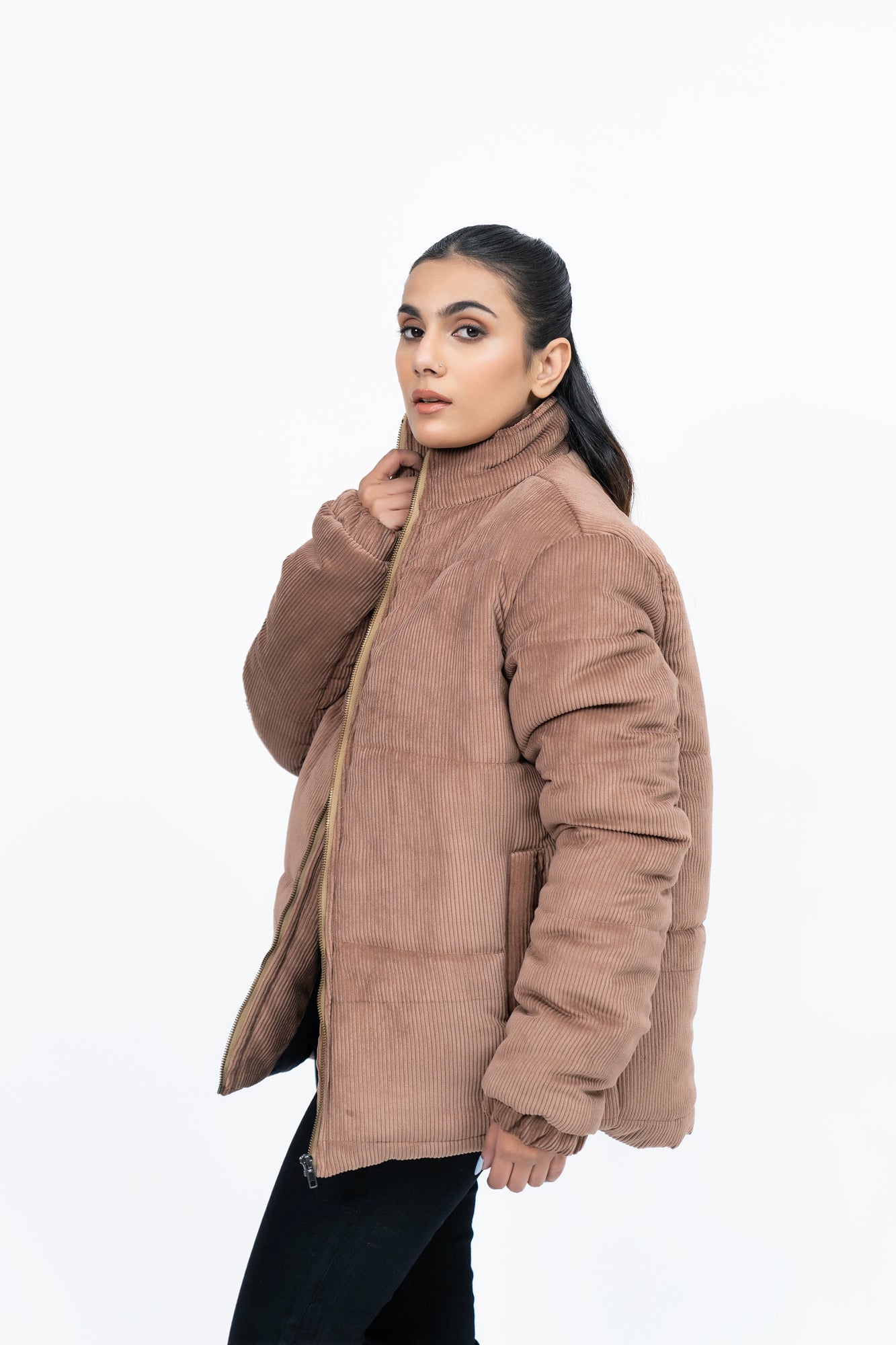 Oversized Corduroy Puffer Jacket - Light Brown