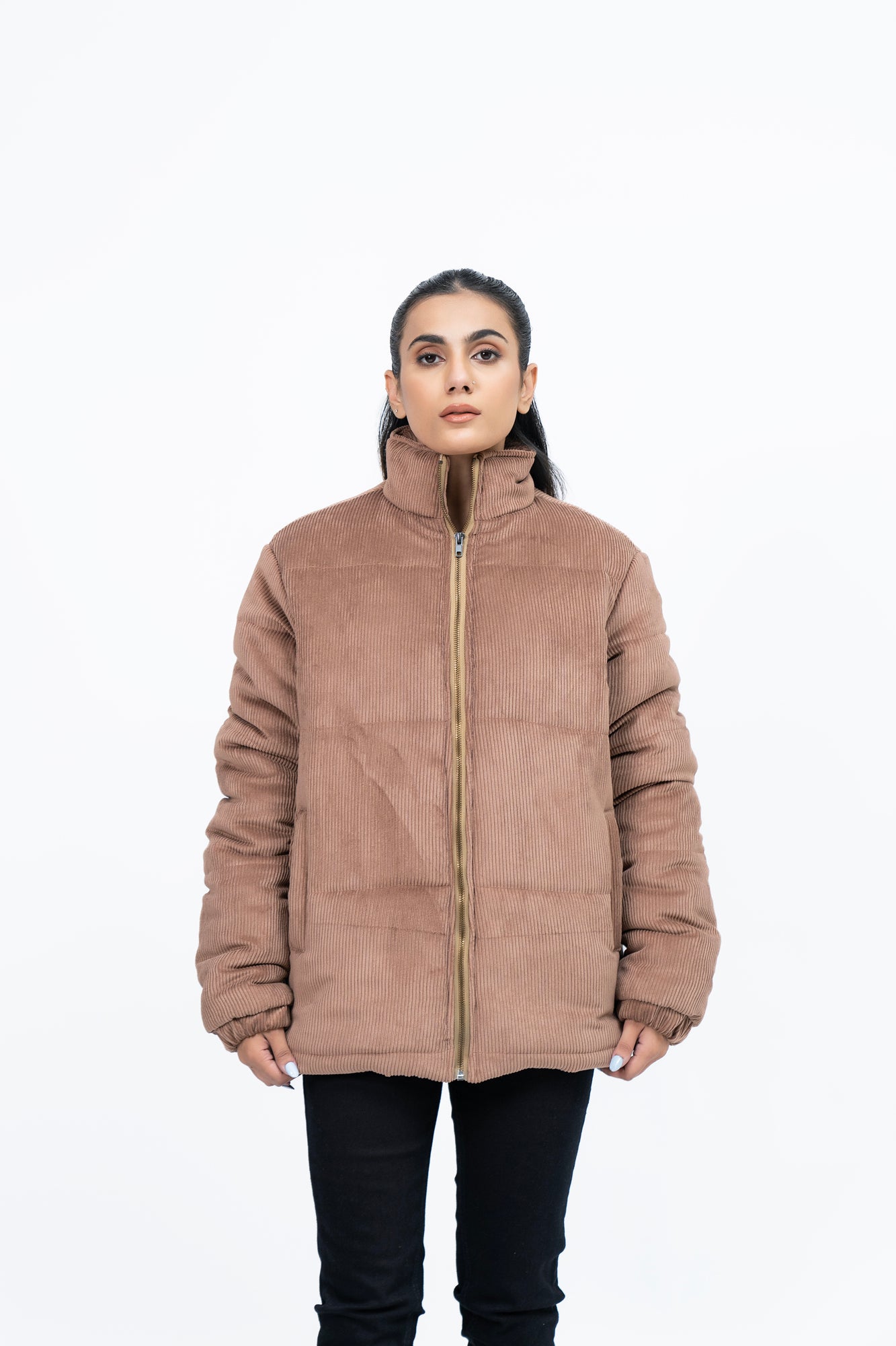 Oversized Corduroy Puffer Jacket - Light Brown