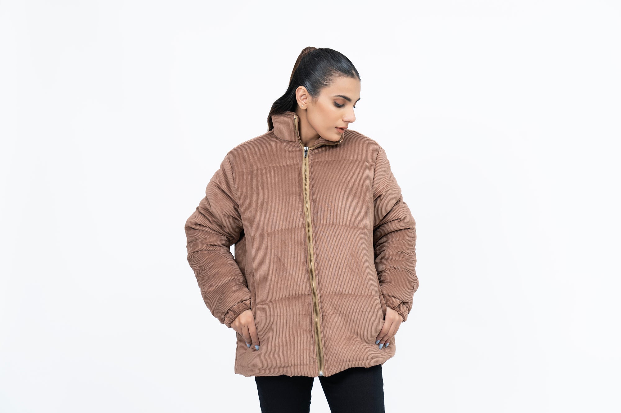 Oversized Corduroy Puffer Jacket - Light Brown