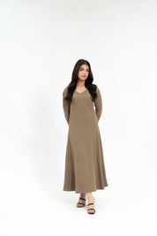V Neck Ribbed Knit Flared Dress - Moss Green