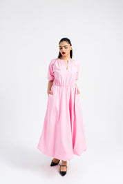 Puff Sleeve Cotton Bubble Hem Dress - Light Pink