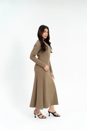 V Neck Ribbed Knit Flared Dress - Moss Green