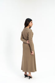 V Neck Ribbed Knit Flared Dress - Moss Green