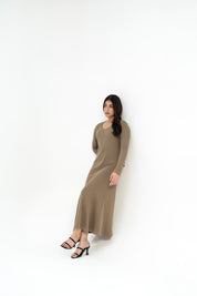 V Neck Ribbed Knit Flared Dress - Moss Green