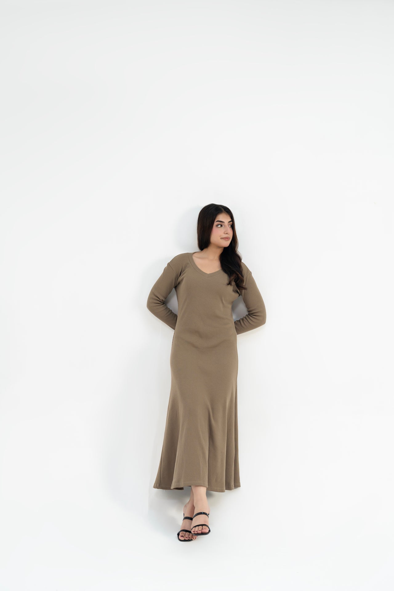 V Neck Ribbed Knit Flared Dress - Moss Green