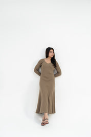 V Neck Ribbed Knit Flared Dress - Moss Green