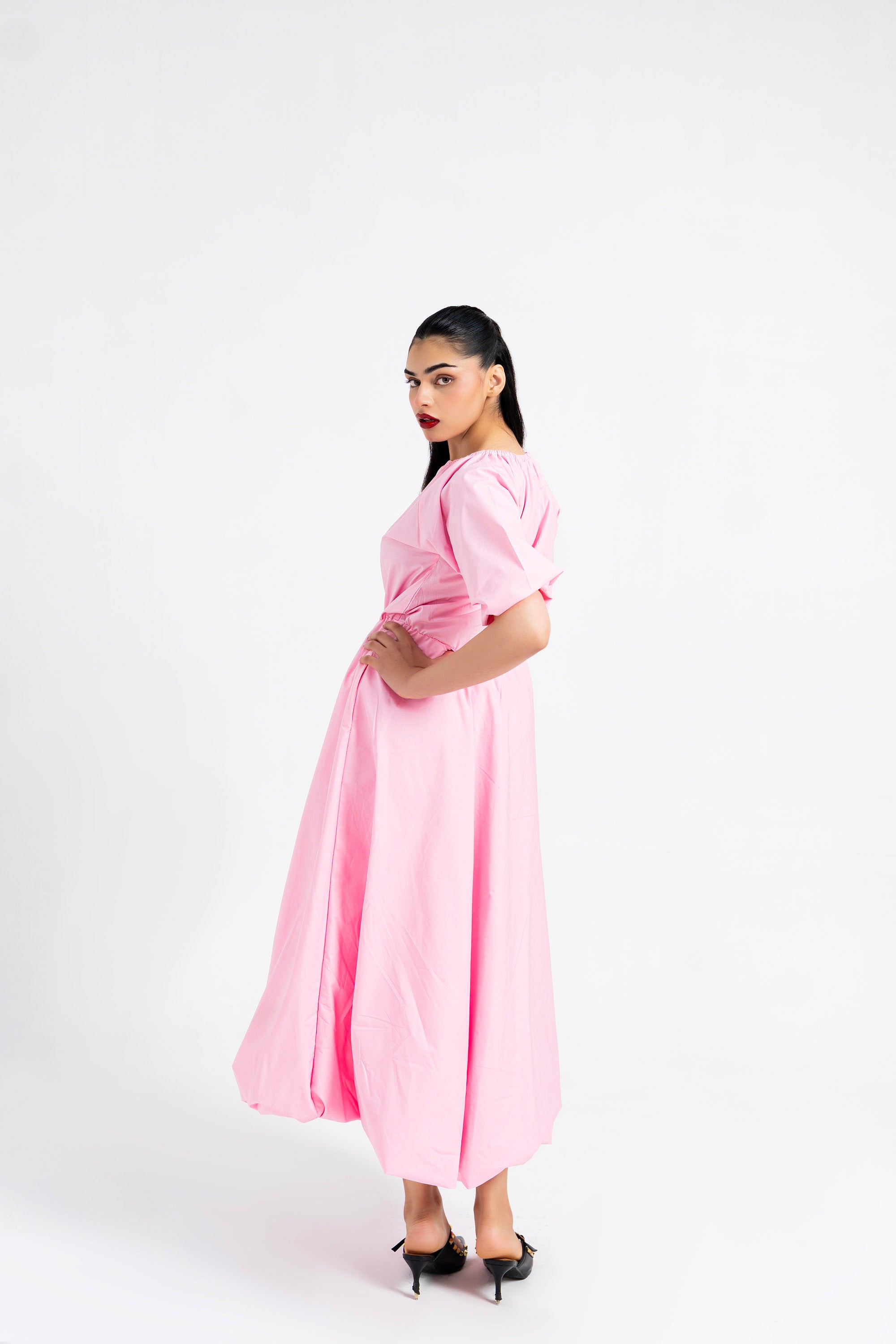 Puff Sleeve Cotton Bubble Hem Dress - Light Pink