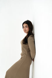 V Neck Ribbed Knit Flared Dress - Moss Green